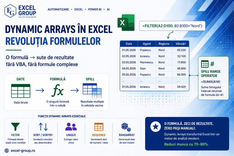 Dynamic Arrays în Excel - FILTER, SORT, UNIQUE, SEQUENCE și RANDARRAY: formule care returnează sute de rezultate dinamic dintr-o singură celulă