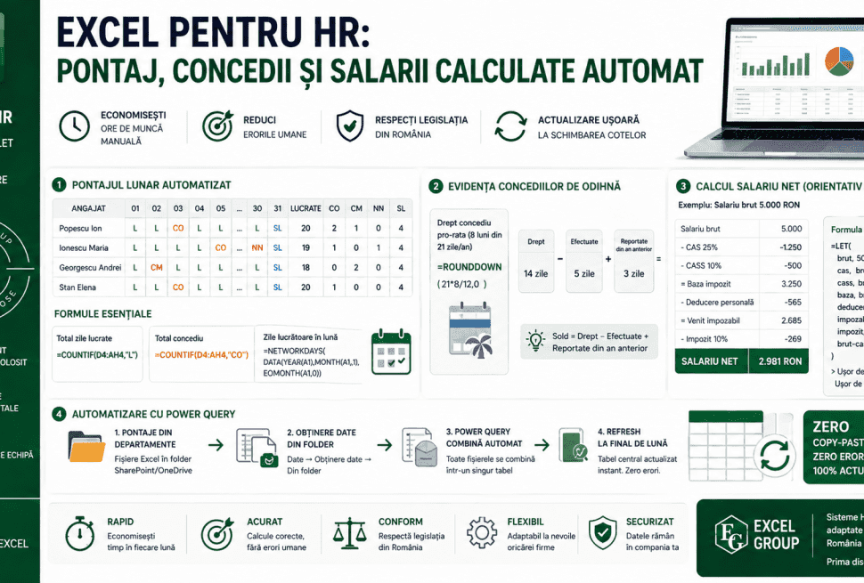 Excel pentru HR - sistem automat de pontaj, evidență concedii și calcul salariu net pentru firme din România