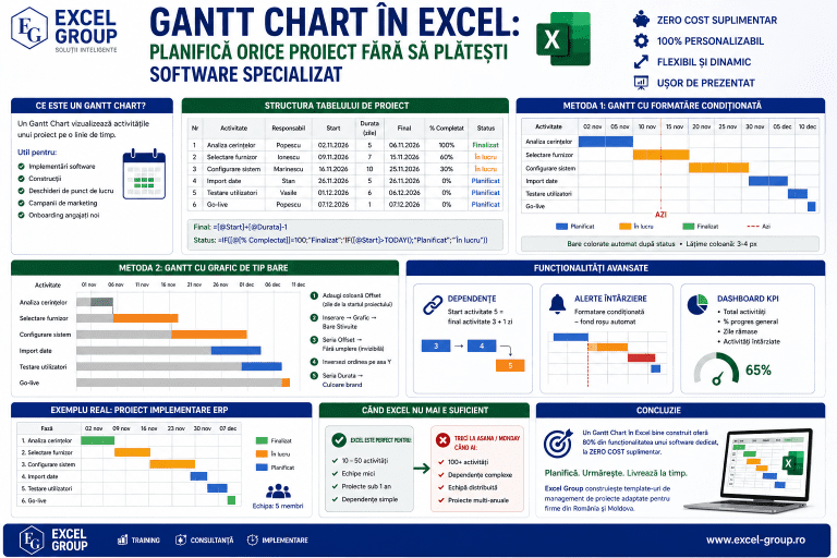 Gantt Chart creat în Excel cu formatare condiționată – bare colorate pe linie de timp pentru planificarea activităților unui proiect