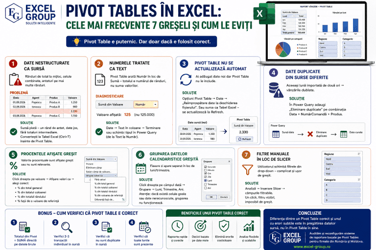 Pivot Tables în Excel - 7 greșeli frecvente: date nestructurate, numere ca text, duplicate, procente greșite și cum le eviți