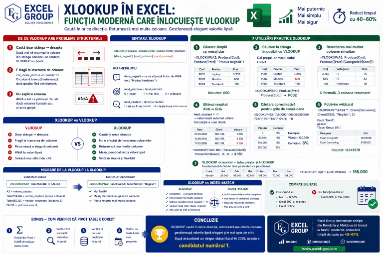XLOOKUP complet vs VLOOKUP - ghid cu 7 utilizări practice: căutare la stânga, mai multe coloane, wildcard, ultimul rezultat, grile de comisioane